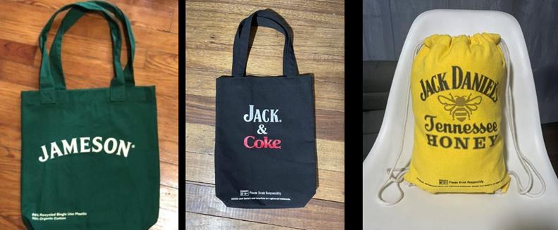 Set of branded promotional totes for spirits brands